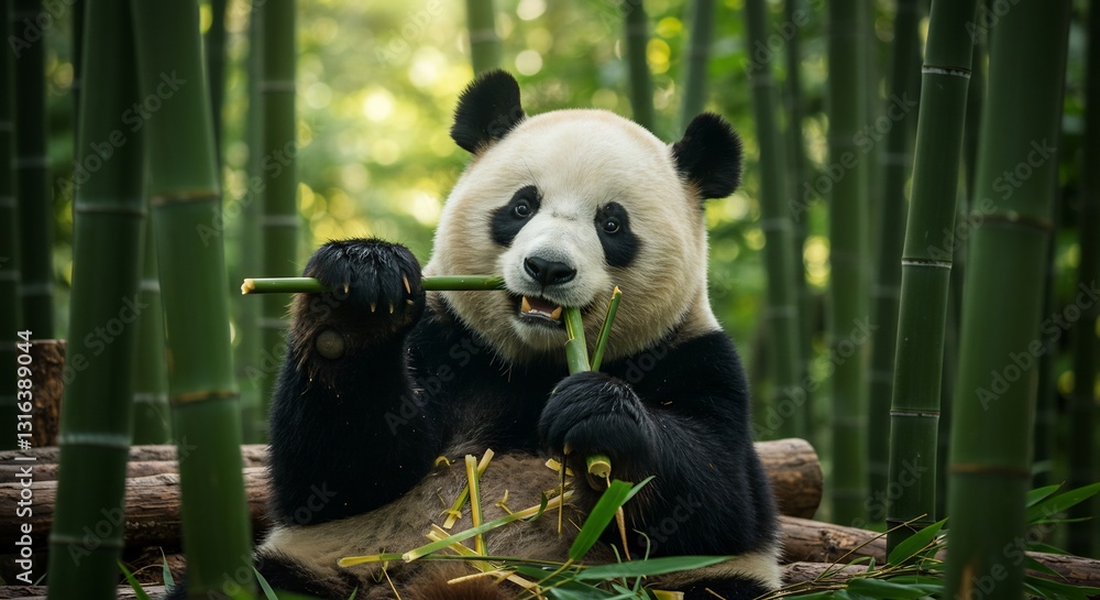 Fototapeta premium Adorable panda calmly munches bamboo stalks bathed in soft sunlight. AI Generated