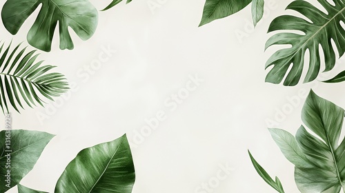 Green Tropical Leaves on Beige Background