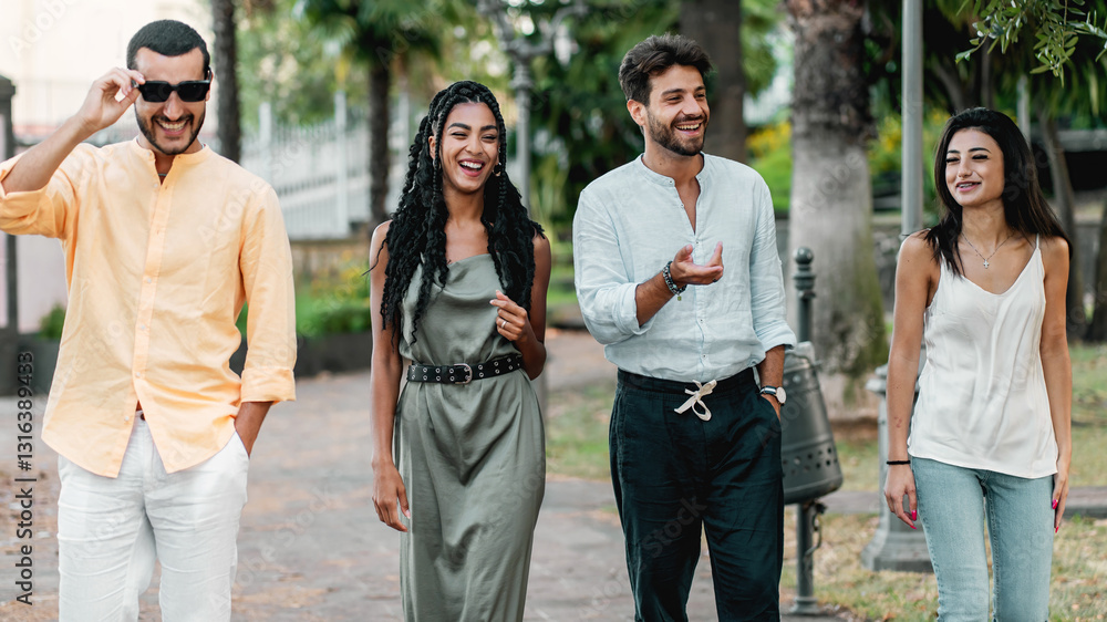 Group of young diverse friends walking and laughing outdoors in a park Group of young diverse friends walking and laughing outdoors in a park