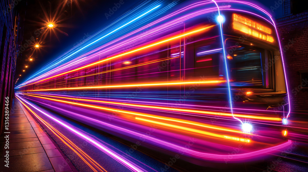 Fototapeta premium vibrant long exposure shot captures dynamic motion blur of neon city lights as train speeds through urban nightscape, creating futuristic and energetic atmosphere