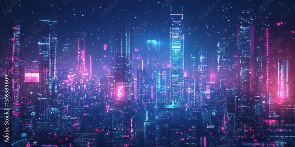 A futuristic city skyline is glowing vibrantly in the night A futuristic city skyline is glowing vibrantly in the night