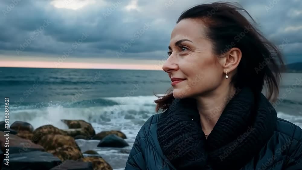 Woman enjoying the ocean breeze on a windy beach at dusk Woman enjoying the ocean breeze on a windy beach at dusk