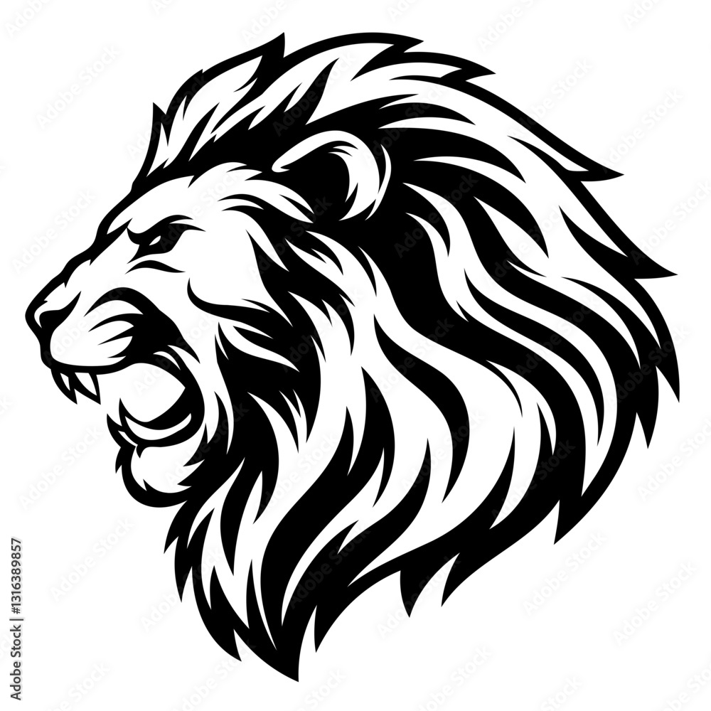Obraz premium lion head black silhouette vector illustration, kingly style, cool, heroic, with flying hair, fine hair, on transparent background