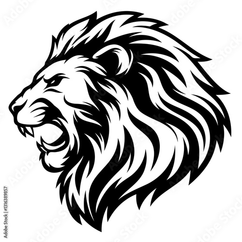 lion head black silhouette vector illustration, kingly style, cool, heroic, with flying hair, fine hair, on transparent background