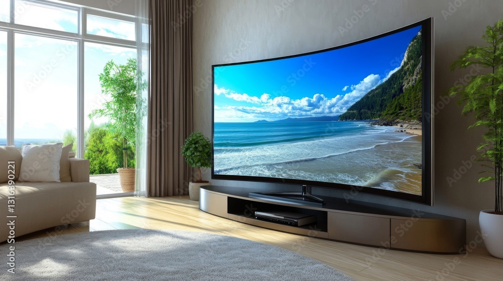 Fototapeta premium Curved Large Screen TV Displaying Beach Scene in Modern Living Room