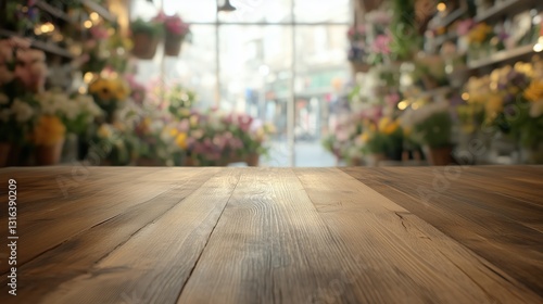 Wooden tabletop presenting blurred floral storefront, ideal for product staging with rustic, soft focused retail ambiance