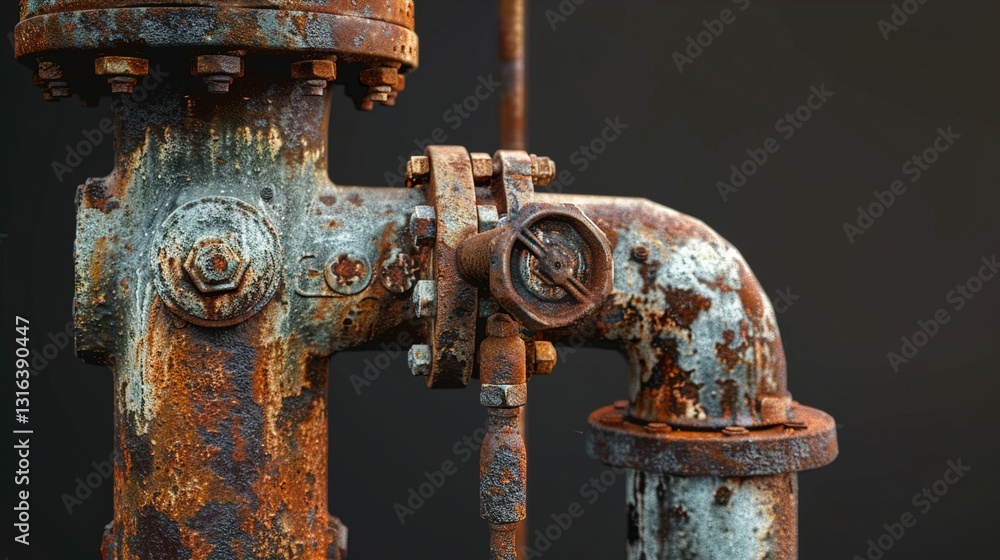 A close-up of a rusty, unused water pump, set against a solid background.