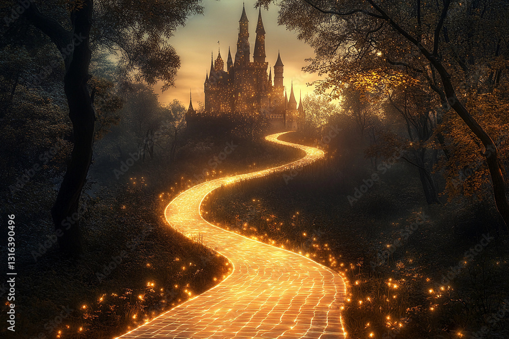 Naklejka premium Majestic castle illuminated by glowing pathway at night under a starry sky