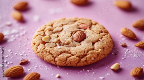 A single cookie, its edges slightly browned and its center soft and yielding, sits atop a vibrant, pastel purple backdrop, adorned with a few glistening almonds, creating a visually appealing and