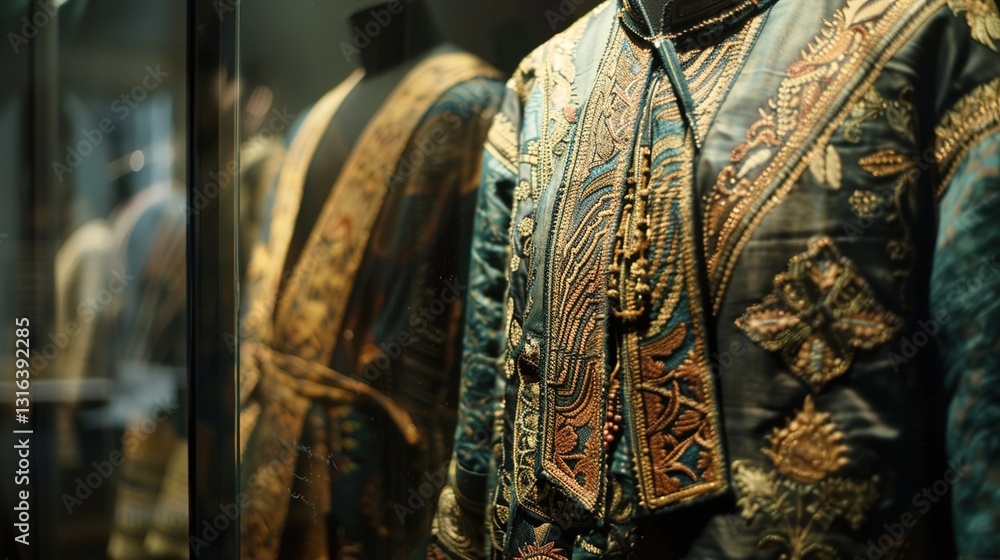 A close-up of a textile exhibit displaying intricately woven fabrics and traditional garments in a glass case.