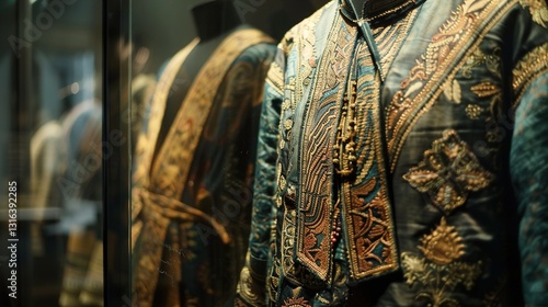 Obraz na płótnie A close-up of a textile exhibit displaying intricately woven fabrics and traditional garments in a glass case. w salonie