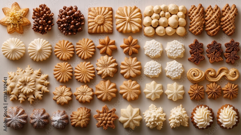 A meticulously arranged tableau of thick, ginger cookies, their textures and intricate patterns captured in exquisite detail, against a neutral backdrop, offering a feast for the eyes with its A meticulously arranged tableau of thick, ginger cookies, their textures and intricate patterns captured in exquisite detail, against a neutral backdrop, offering a feast for the eyes with its