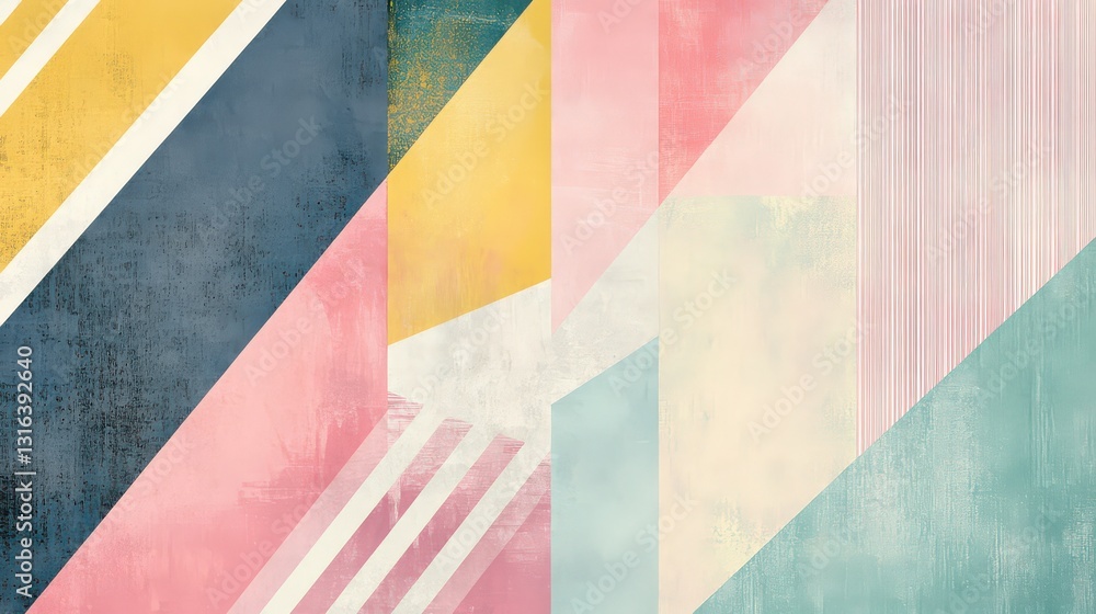 Fototapeta premium Elegant geometric composition with soft pastel colors, featuring angular facets, linear stripes, and a subtle noise texture. Minimalist business design.