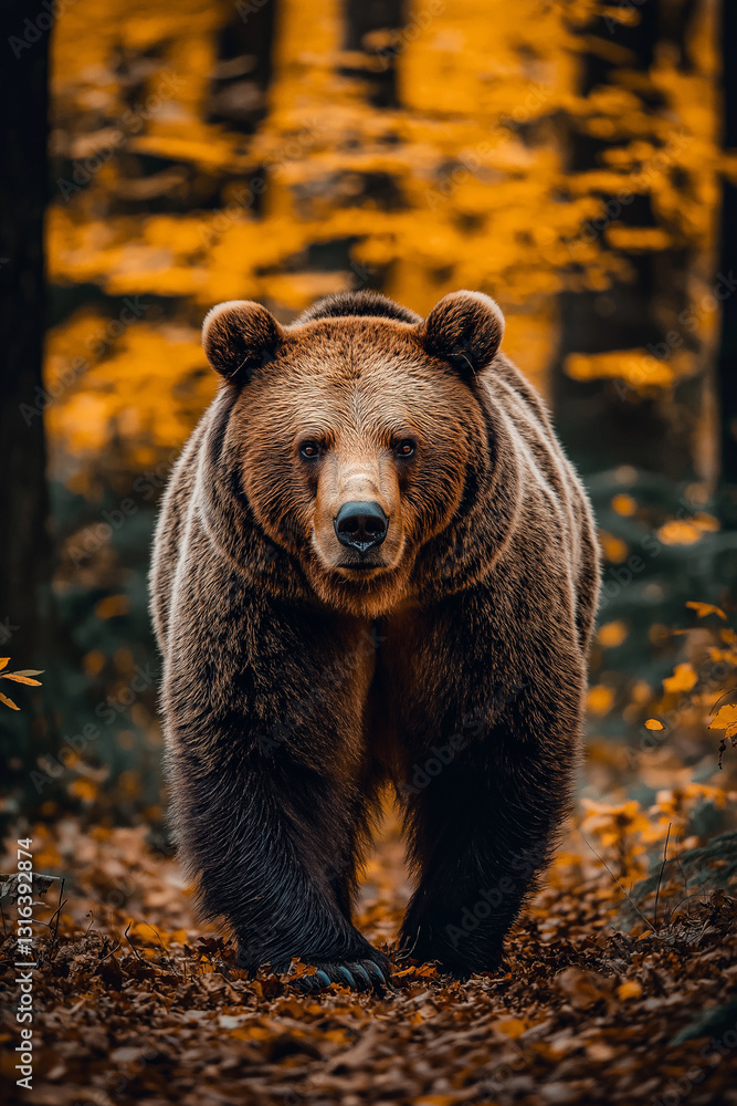 Fototapeta premium Powerful Brown Bear in Natural Woodland Habitat During Fall Season