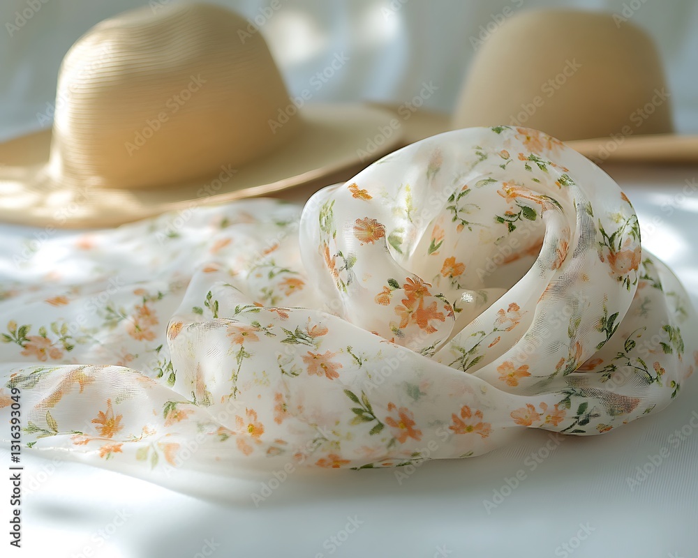 Floral scarf and straw hats on white. Floral scarf and straw hats on white.