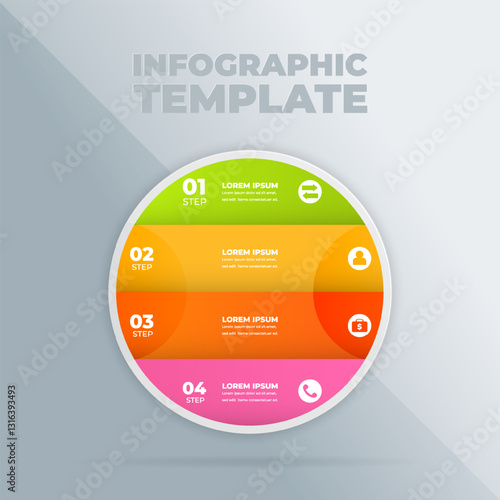 Circular infographic template, four steps, grey background, process