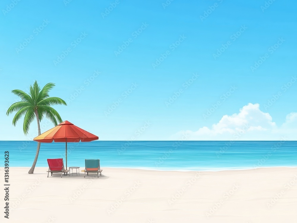 Tranquil beach scene with colorful umbrellas and lounge chairs by the ocean Tranquil beach scene with colorful umbrellas and lounge chairs by the ocean