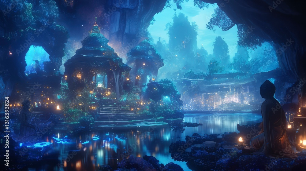 Obraz premium Enchanting Blue Grotto Serene Temple and Meditative Monk in a Fantasy Landscape