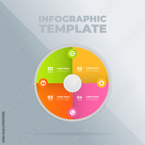 Circular infographic template, four steps, grey background, process diagram