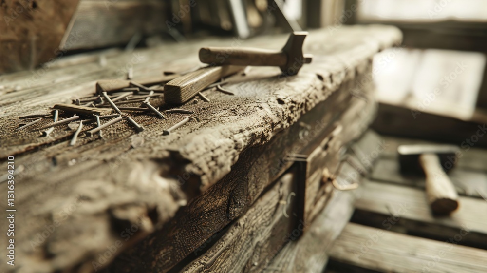 A close-up of a wooden birdhouse in progress, with nails and a hammer lying nearby.