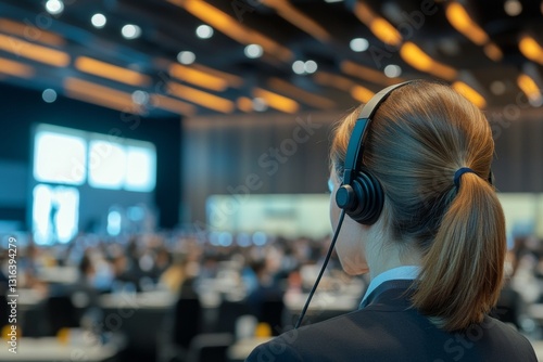 An interpreter wearing a headset translates simultaneously in a bustling conference room filled with attendees. The atmosphere is vibrant as discussions unfold
