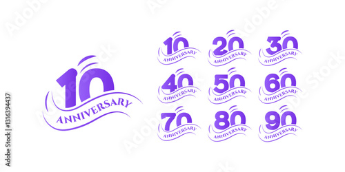 Anniversary Logo Design Decade Milestones 10, 20, 30, 40, 50, 60, 70, 80, 90