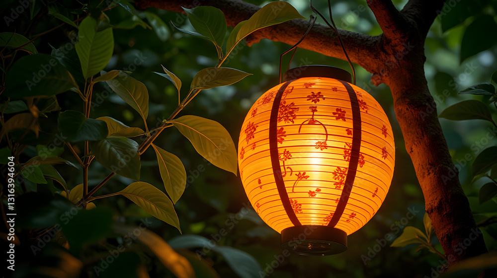 Obraz premium Beautifully Crafted Bamboo Lantern Glowing Warmly in Evening Surrounded by Lush Greenery - Rongali Bihu