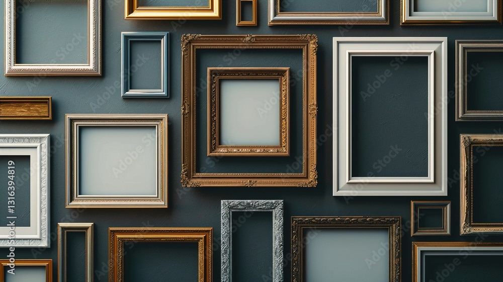 A collection of blank portrait frames in different shapes and sizes, arranged on a solid background.