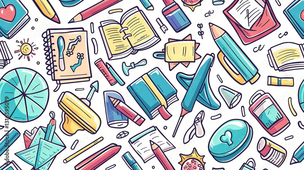 Vibrant back to school doodle seamless pattern featuring hand-drawn supplies and playful academic elements in a creative vector design. Vibrant back to school doodle seamless pattern featuring hand-drawn supplies and playful academic elements in a creative vector design.
