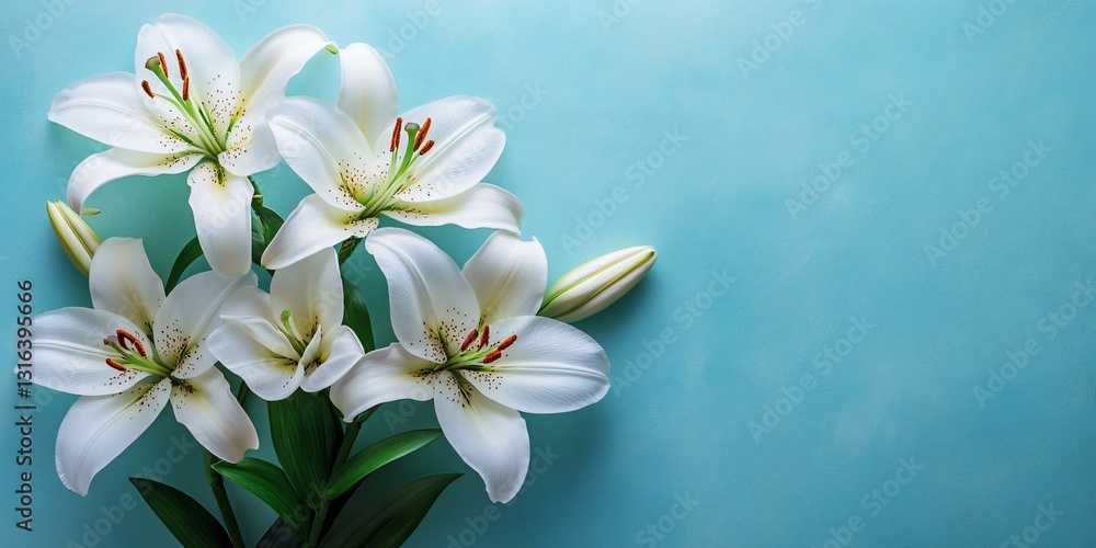Elegant white lilies in full bloom create a calming atmosphere, perfect for spring events like Easter, Mother's Day, and Valentine's Day, with ample space for text placement. Elegant white lilies in full bloom create a calming atmosphere, perfect for spring events like Easter, Mother's Day, and Valentine's Day, with ample space for text placement.