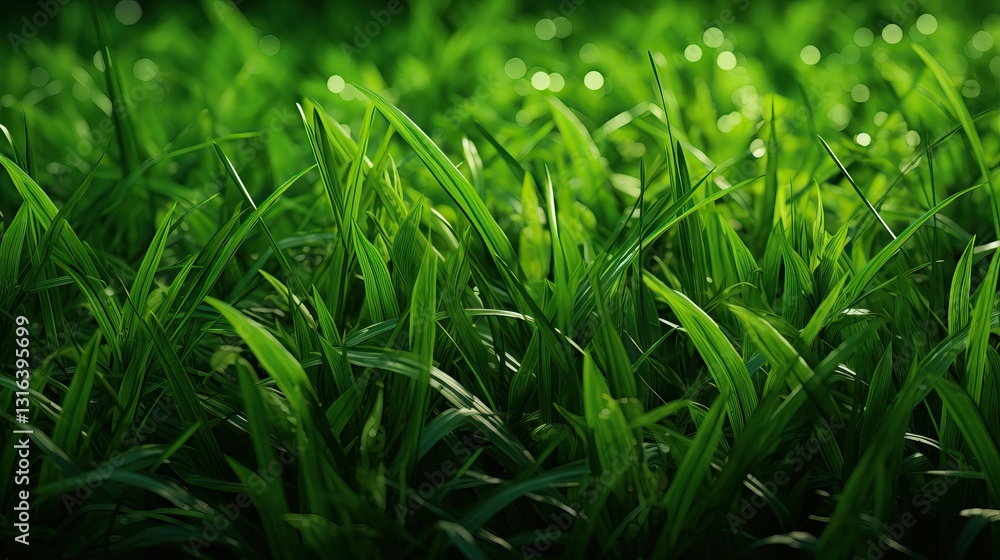 Vibrant Green Grass Field with Sunlight and Bokeh Effect
