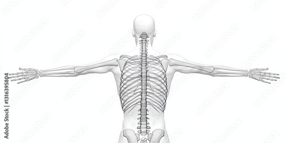 A skeletal illustration of a human body, showcasing bones in a symmetrical position with arms extended, highlighting anatomy. A skeletal illustration of a human body, showcasing bones in a symmetrical position with arms extended, highlighting anatomy.