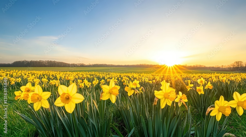 Fototapeta premium A vibrant field of yellow daffodils blooms under a clear sky, illuminated by the warm glow of a sunrise in the background.