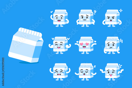 Milk character poses and emotions set, food mascot, healthy eating and farming. Tetra Pak paper with milk in cartoon kawaii style