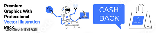 Robot managing tasks with report, ecommerce bag, cashback message. Ideal for online shopping, automation, retail sales, AI, customer rewards, financial technology flat landing page banner