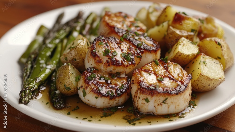 Grilled Scallops with Potatoes and Asparagus Garnish Grilled Scallops with Potatoes and Asparagus Garnish