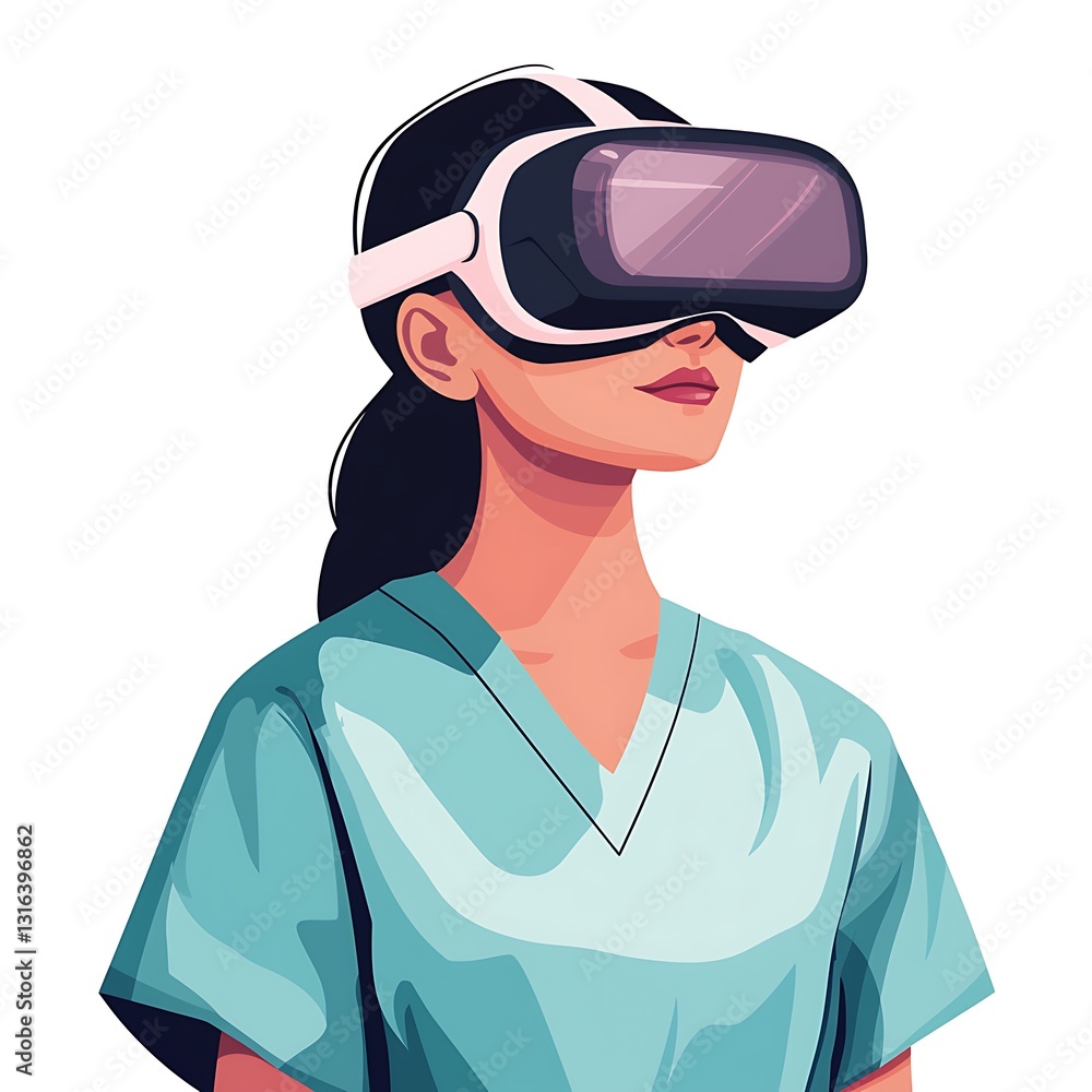 A woman in scrubs wearing a VR headset, embodying the fusion of healthcare and technology in a modern setting.