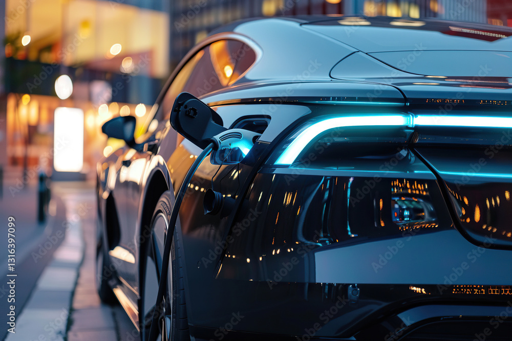 Power source for charging battery of beautiful hybrid electric car on road, abstract vivid composition consists of fictional unreal fantastic vision on background Power source for charging battery of beautiful hybrid electric car on road, abstract vivid composition consists of fictional unreal fantastic vision on background