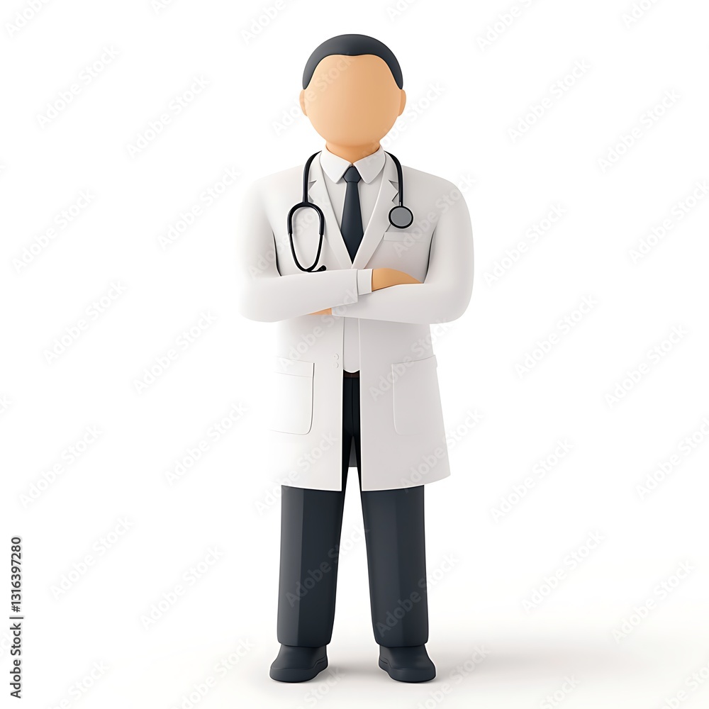 A stylized figure of a doctor in a white coat, with a stethoscope around the neck, standing confidently with arms crossed. A stylized figure of a doctor in a white coat, with a stethoscope around the neck, standing confidently with arms crossed.