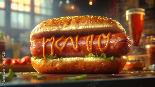 A gargantuan, cartoonishly oversized sausage, its skin glistening with sweat, stands proudly within a fluffy, pillowy hot dog bun. Every detail, from the sausage is texture to the bun is soft crumb,
