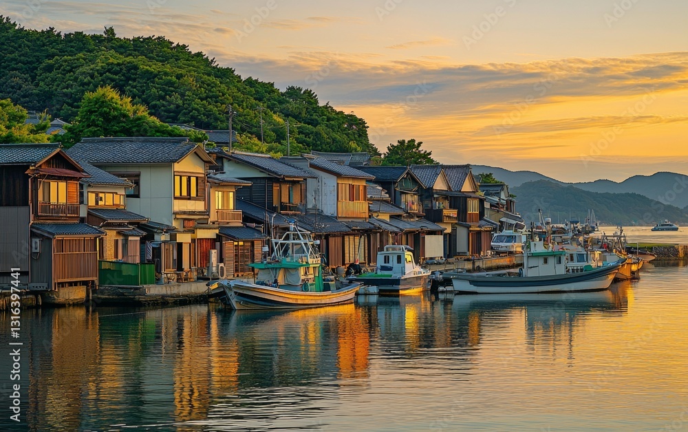 Fototapeta premium Cozy seaside village reflects sunset over calm waters with fishing boats moored along the shore