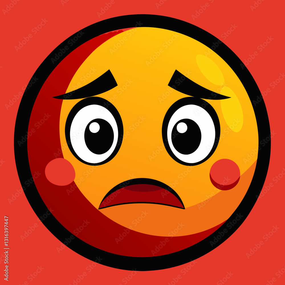 Emoticon disappointed expression with sad face on red background Emoticon disappointed expression with sad face on red background