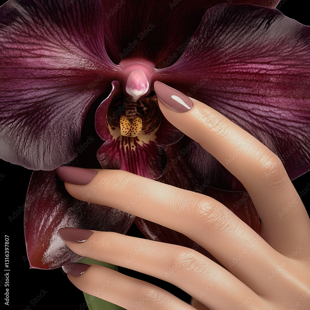 Sleek and refined, a tanned hand with manicured nails delicately holds a dark red orchid, set against a dramatic black background.