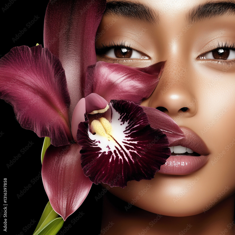 A beauty model exudes elegance, holding a deep burgundy orchid against a dramatic black background.