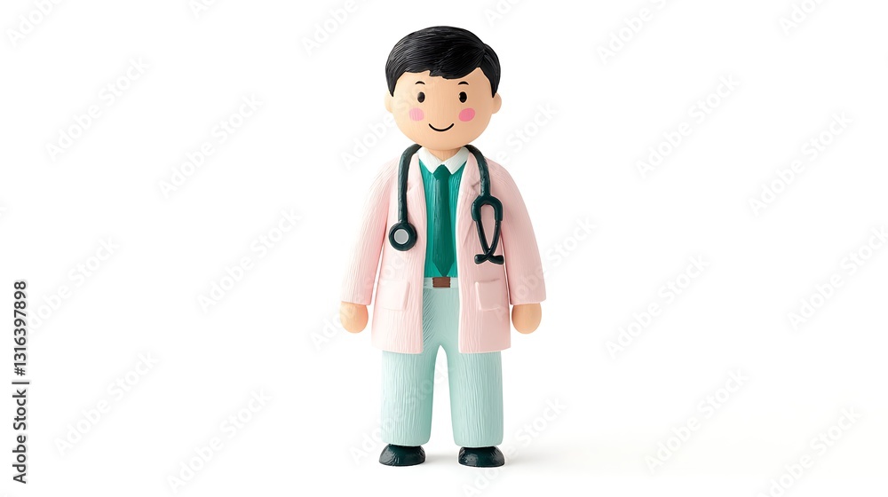 Fototapeta premium A cheerful figurine of a doctor wearing a lab coat and stethoscope, symbolizing healthcare and professionalism.
