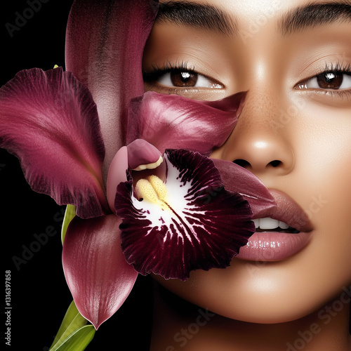 Obraz na płótnie A beauty model exudes elegance, holding a deep burgundy orchid against a dramatic black background. w salonie
