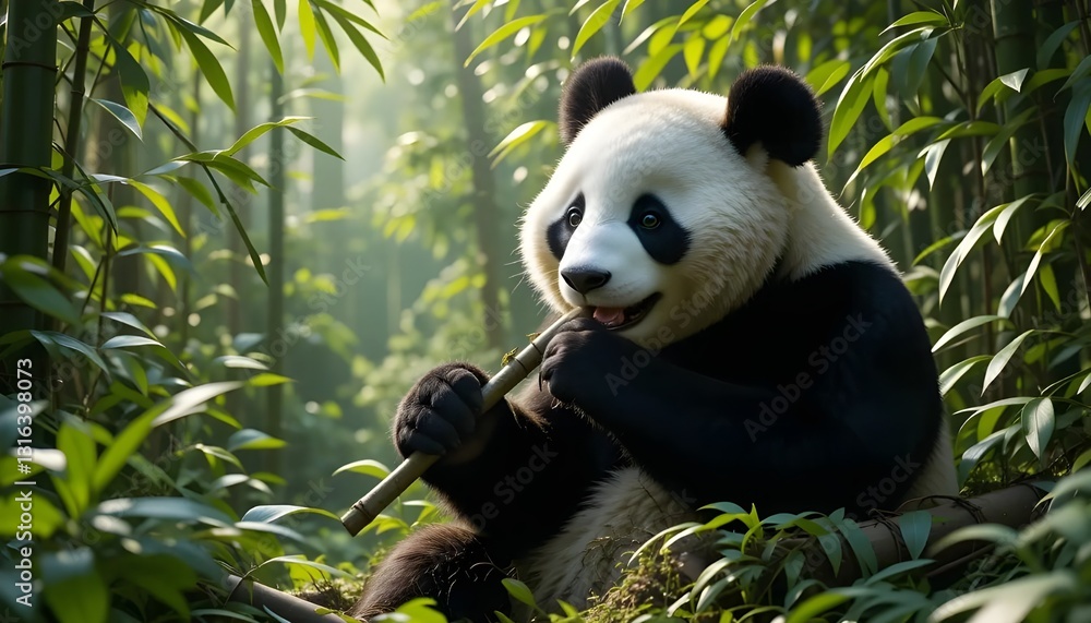 Panda eating bamboo in a green forest Panda eating bamboo in a green forest
