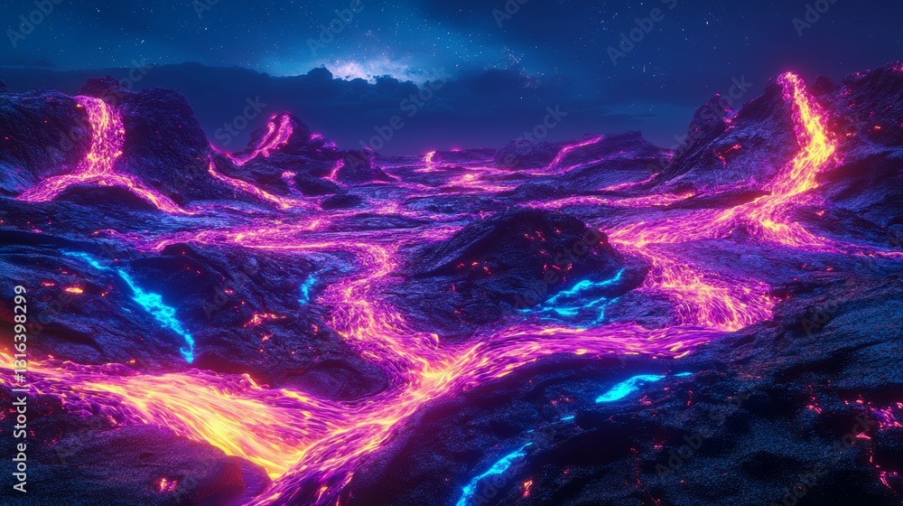 Glowing Lava Flows: Neon Terrain Under Starry Sky Glowing Lava Flows: Neon Terrain Under Starry Sky