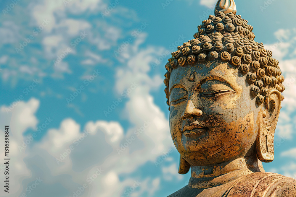 Ancient statue great Buddha on bright holiday composition, abstract vivid composition consists of fictional unreal fantastic vision on background Ancient statue great Buddha on bright holiday composition, abstract vivid composition consists of fictional unreal fantastic vision on background