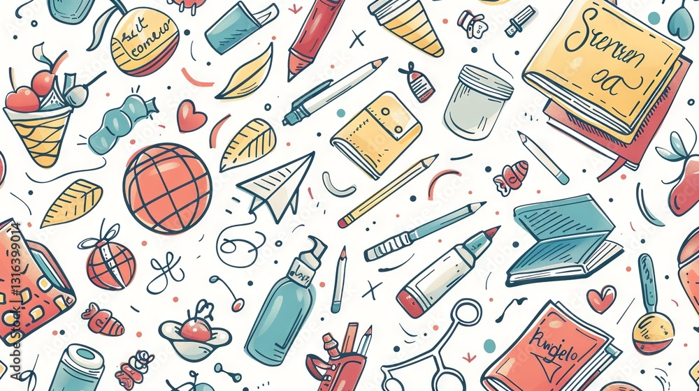 Vibrant back to school doodle seamless pattern featuring hand-drawn supplies and playful academic elements in a creative vector design. Vibrant back to school doodle seamless pattern featuring hand-drawn supplies and playful academic elements in a creative vector design.